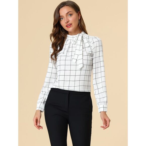 Bow Tie Neck Grid Checks Shirt Tops Blouses White - Picture 2 of 6